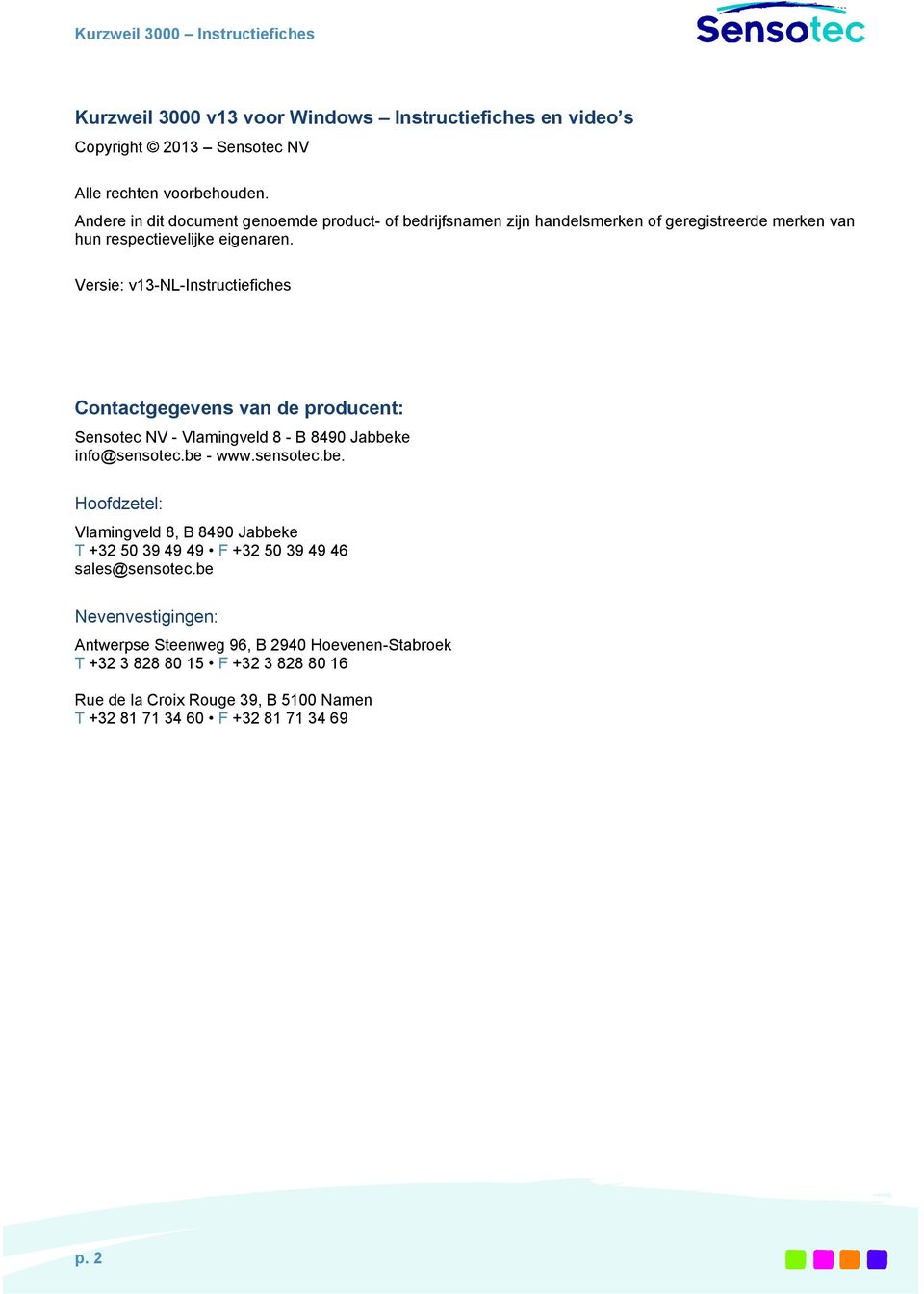 Versie: v13-nl-instructiefiches Contactgegevens van de producent: Sensotec NV - Vlamingveld 8 - B 8490 Jabbek