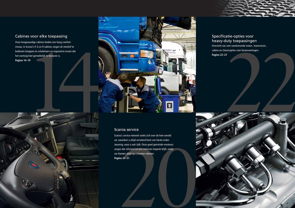 Pagina 14 19 Specificatie-opties voor heavy-duty toepassingen 22 Overzicht van veel voorkomende motor-, transmissie-, cabine en chassisopties voor bouwvoertuigen.