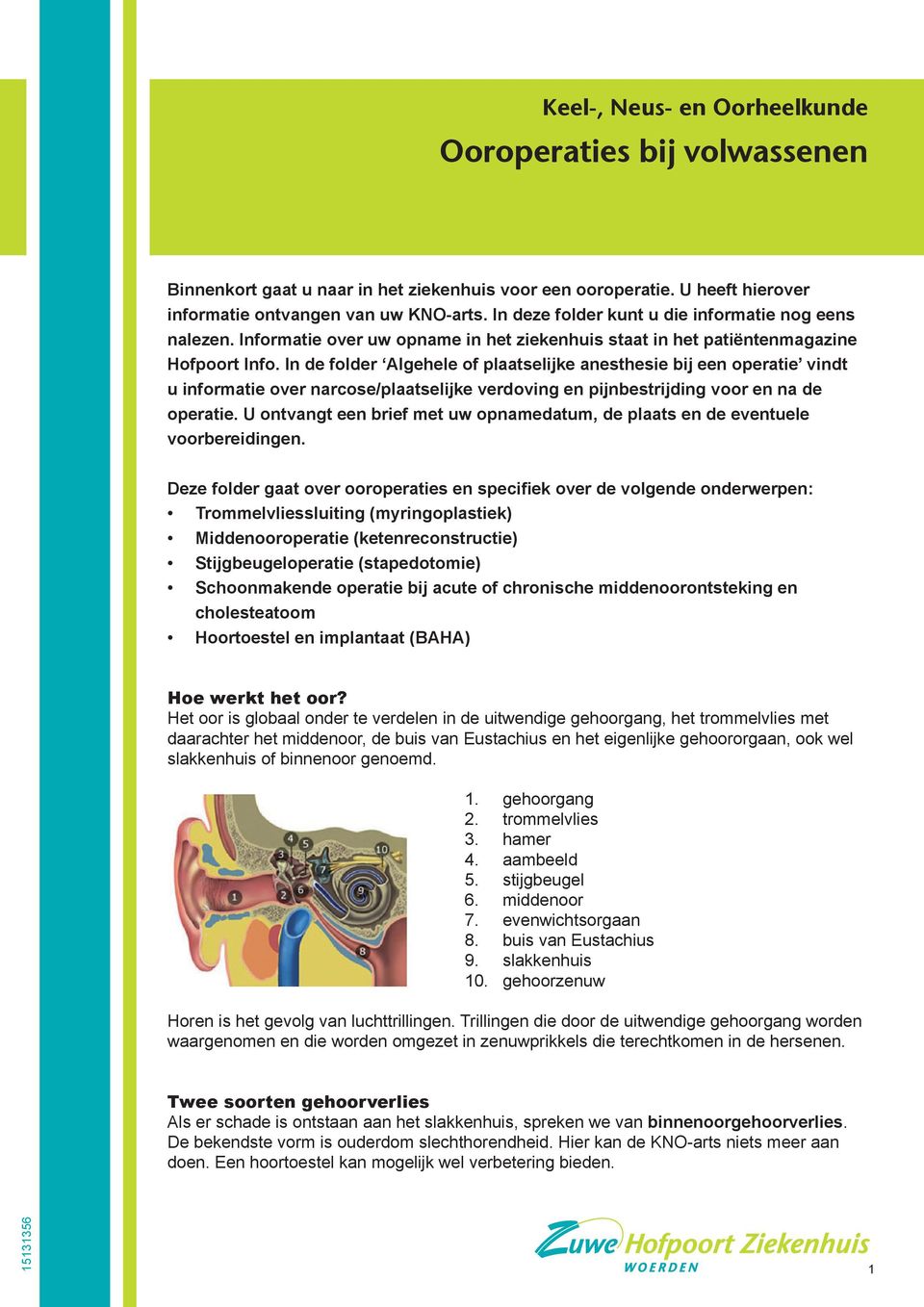 In de folder Algehele of plaatselijke anesthesie bij een operatie vindt u informatie over narcose/plaatselijke verdoving en pijnbestrijding voor en na de operatie.