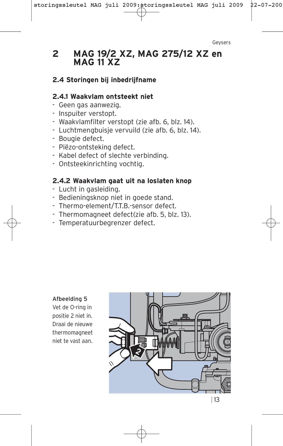 Kabel defect of slechte verbinding. Ontsteekinrichting vochtig. 2.4.2 Waakvlam gaat uit na loslaten knop Lucht in gasleiding. Bedieningsknop niet in goede stand. Thermoelement/T.