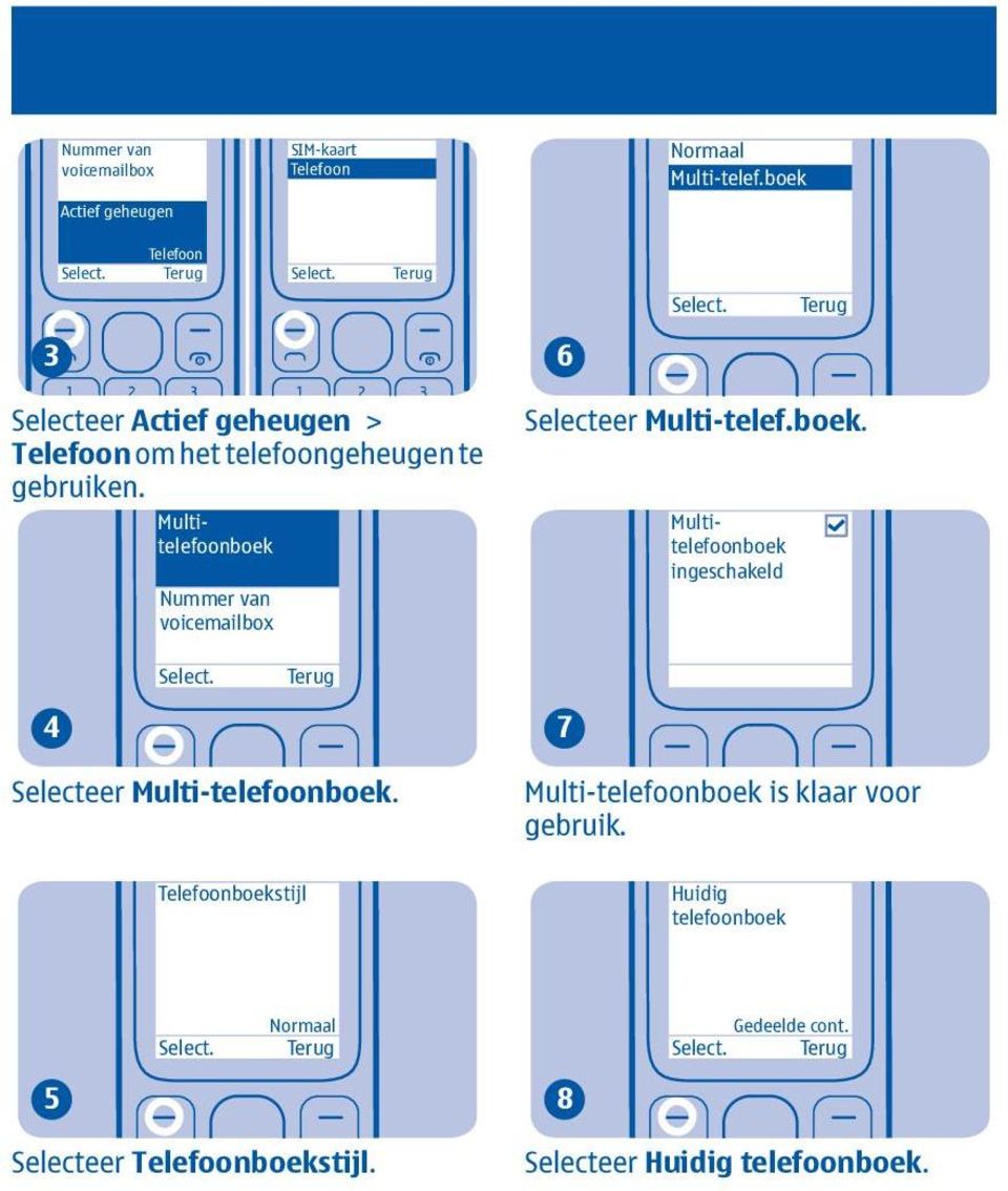 Multitelefoonboek Nummer van voicemailbox Multitelefoonboek ingeschakeld 4 Select. 7 Selecteer Multi-telefoonboek.