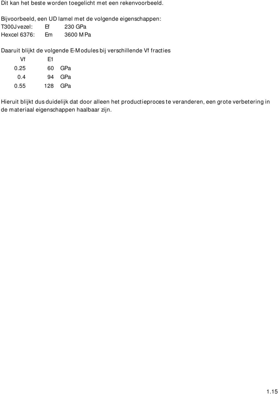 Daaruit blijkt de volgende E-Modules bij verschillende Vf fracties Vf E1 0.25 60 GPa 0.4 94 GPa 0.