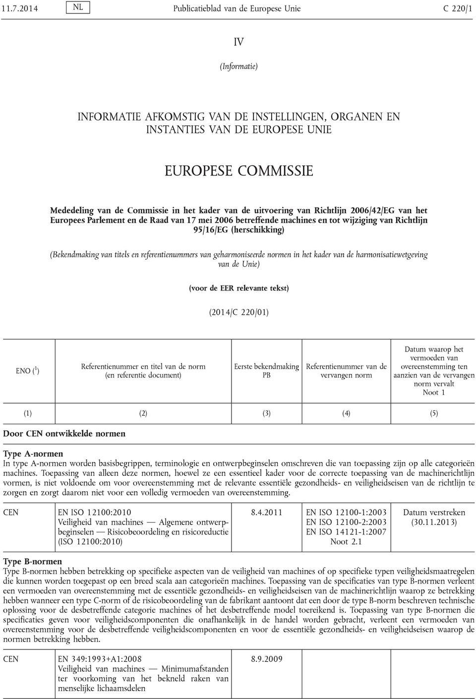 (Bekendmaking van titels en referentienummers van geharmoniseerde normen in het kader van de harmonisatiewetgeving van de Unie) (voor de EER relevante tekst) (2014/C 220/01) ENO ( 1 )