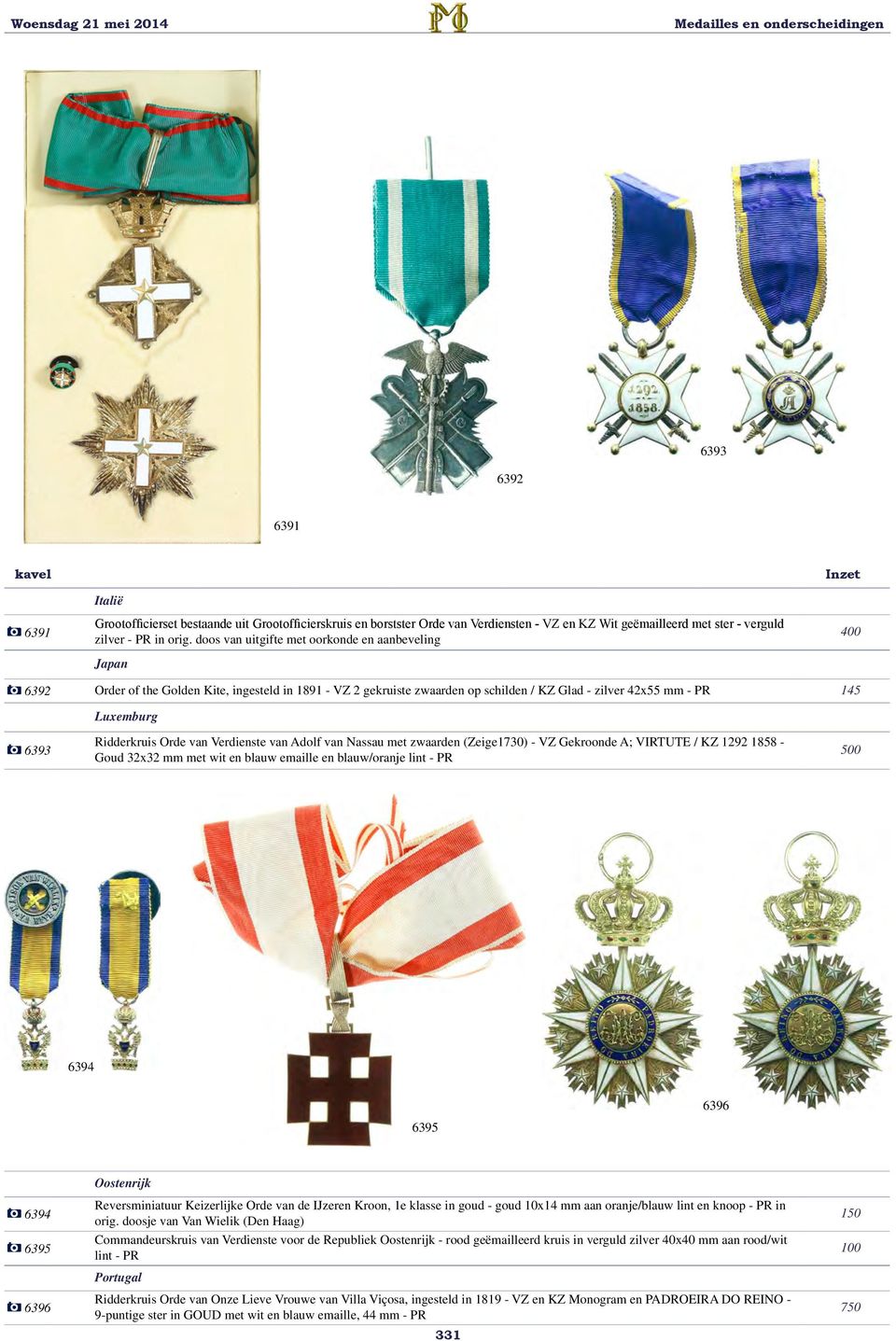 Ridderkruis Orde van Verdienste van Adolf van Nassau met zwaarden (Zeige1730) - VZ Gekroonde A; VIRTUTE / KZ 1292 1858 - Goud 32x32 mm met wit en blauw emaille en blauw/oranje lint - PR 0 6394 6395