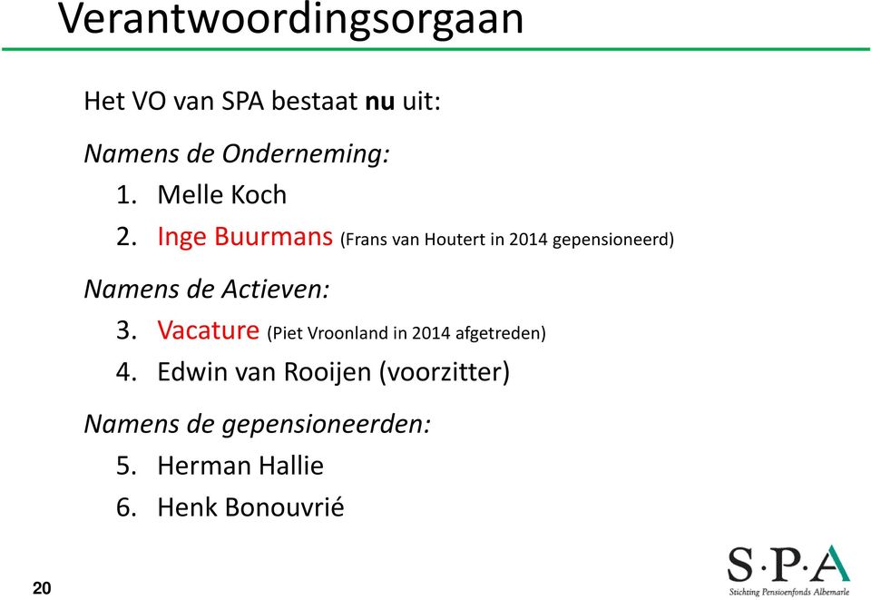 Inge Buurmans (Frans van Houtert in 2014 gepensioneerd) Namens de Actieven: 3.