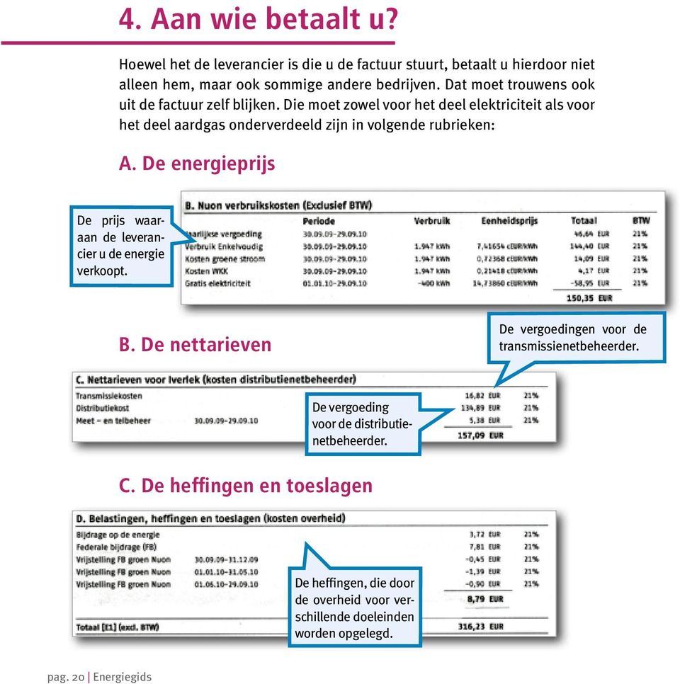 Die moet zowel voor het deel elektriciteit als voor het deel aardgas onderverdeeld zijn in volgende rubrieken: A.