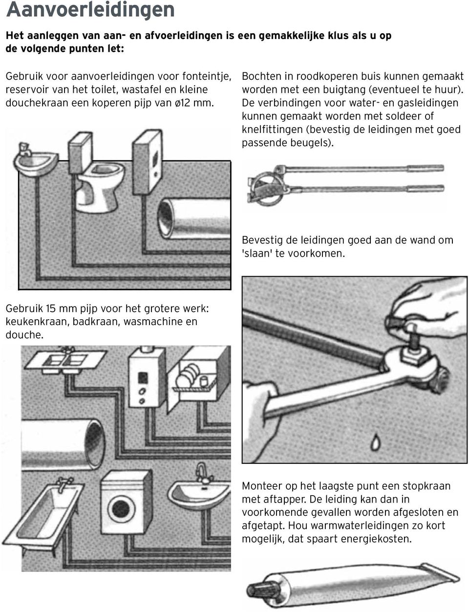 De verbindingen voor water- en gasleidingen kunnen gemaakt worden met soldeer of knelfittingen (bevestig de leidingen met goed passende beugels).