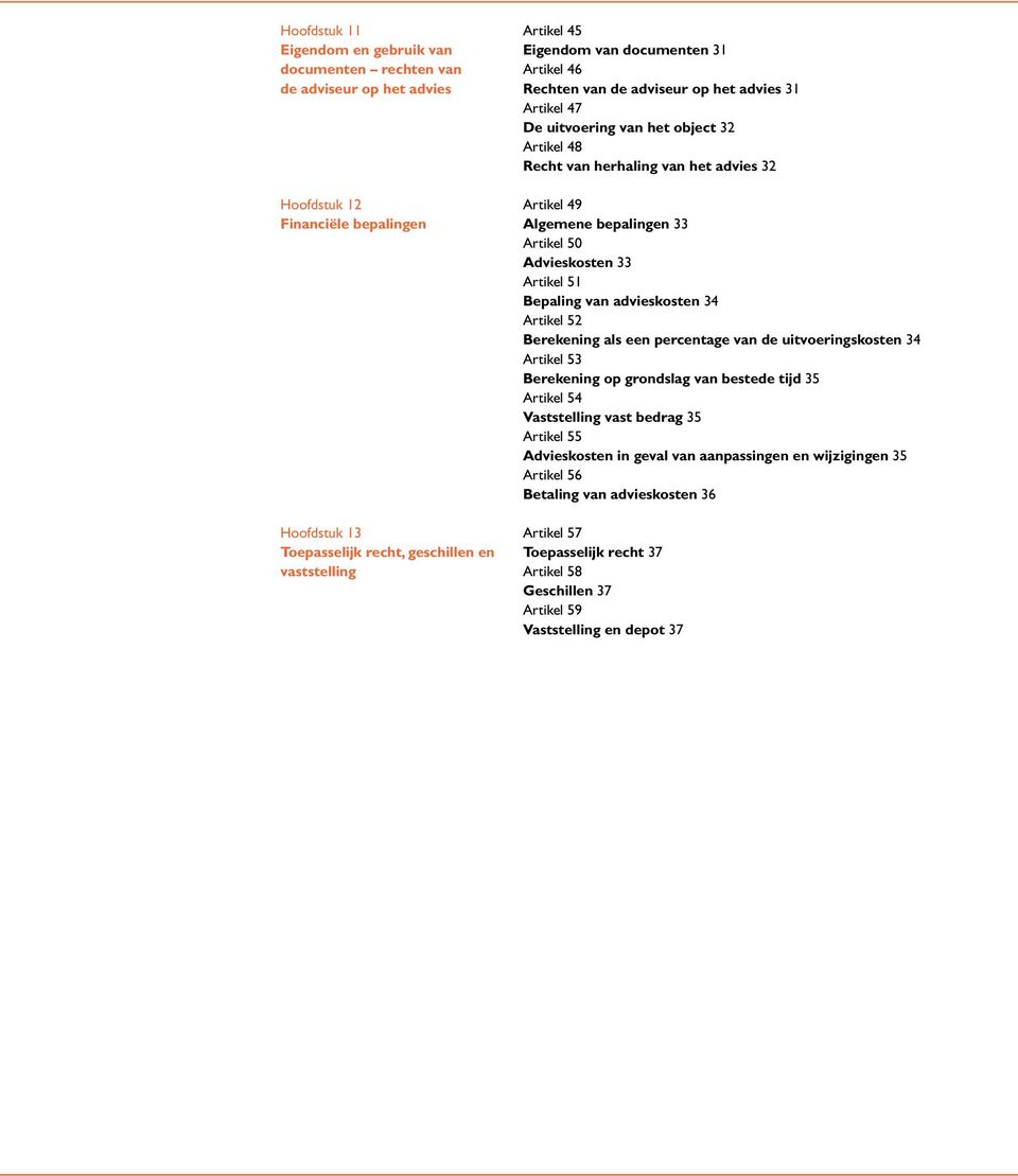 Berekening als een percentage van de uitvoeringskosten Artikel 5 Berekening op grondslag van bestede tijd 5 Artikel 5 Vaststelling vast bedrag 5 Artikel 55 Advieskosten in geval van aanpassingen en