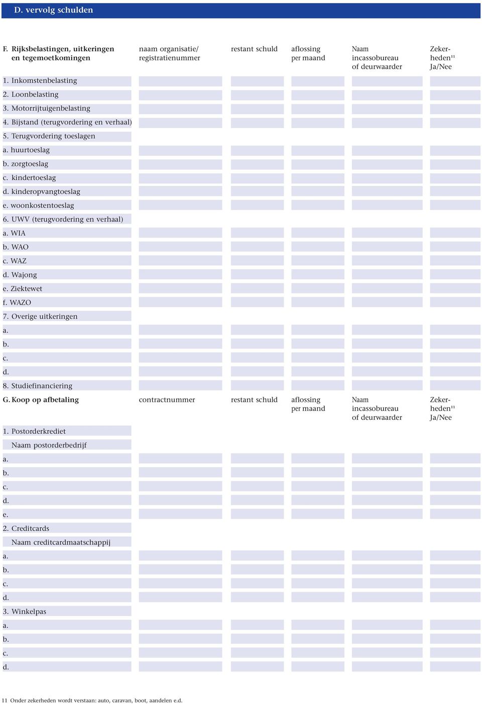 UWV (terugvordering en verhaal) WIA WAO WAZ Wajong e. Ziektewet f. WAZO 7. Overige uitkeringen 8. Studiefinanciering G.