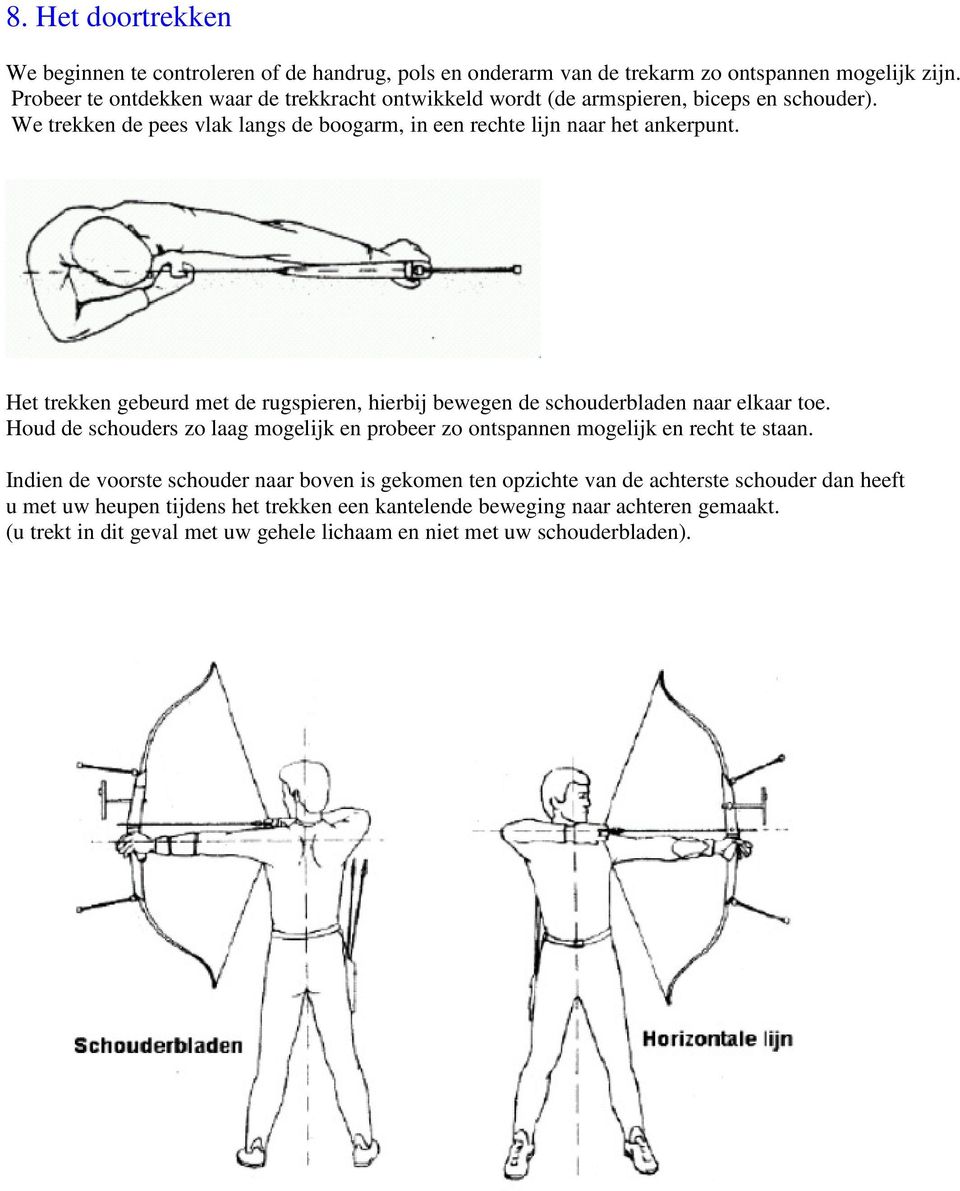 Het trekken gebeurd met de rugspieren, hierbij bewegen de schouderbladen naar elkaar toe. Houd de schouders zo laag mogelijk en probeer zo ontspannen mogelijk en recht te staan.