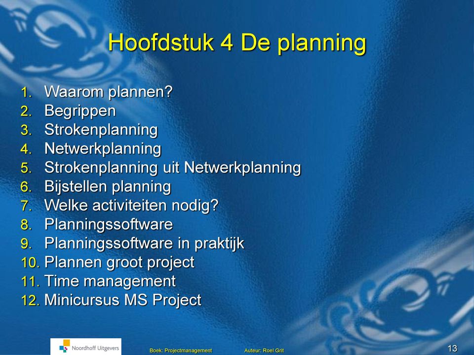 Bijstellen planning 7. Welke activiteiten nodig? 8. Planningssoftware 9.