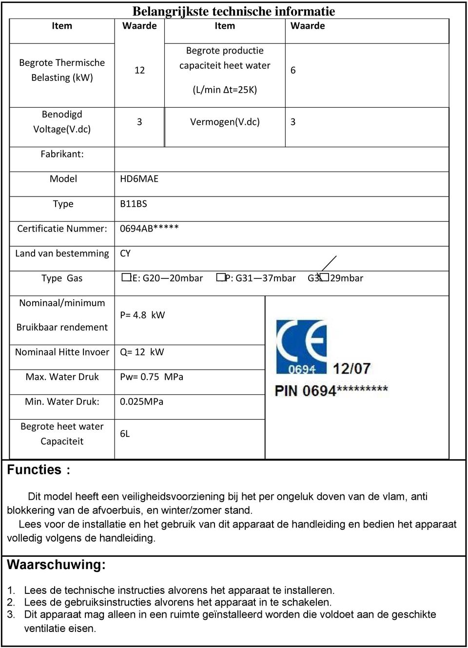 Hitte Invoer Max. Water Druk Min. Water Druk: Begrote heet water Capaciteit P= 4.8 kw Q= 12 kw Pw= 0.75 MPa 0.