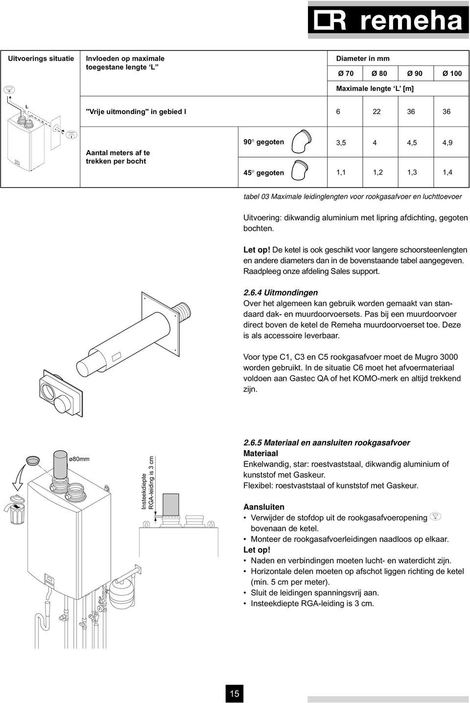 Let op! De ketel is ook geschikt voor langere schoorsteenlengten en andere diameters dan in de bovenstaande tabel aangegeven. Raadpleeg onze afdeling Sales support. 2.6.