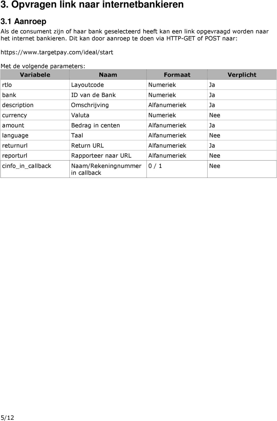 com/ideal/start Met de volgende parameters: Variabele Naam Formaat Verplicht rtlo Layoutcode Numeriek Ja bank ID van de Bank Numeriek Ja description Omschrijving