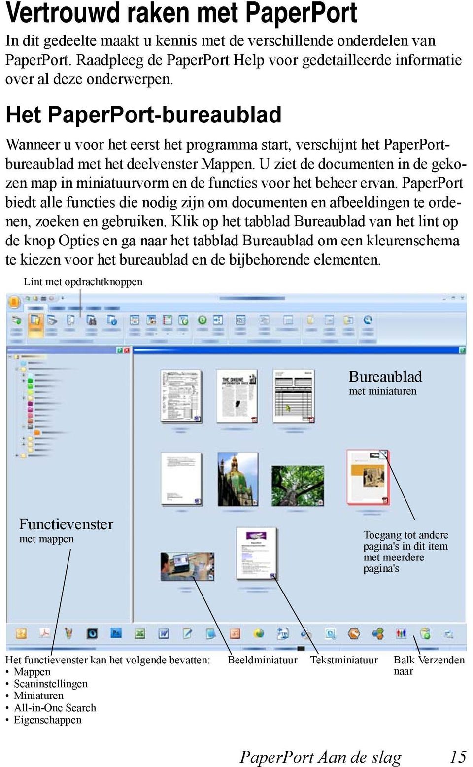 U ziet de documenten in de gekozen map in miniatuurvorm en de functies voor het beheer ervan.