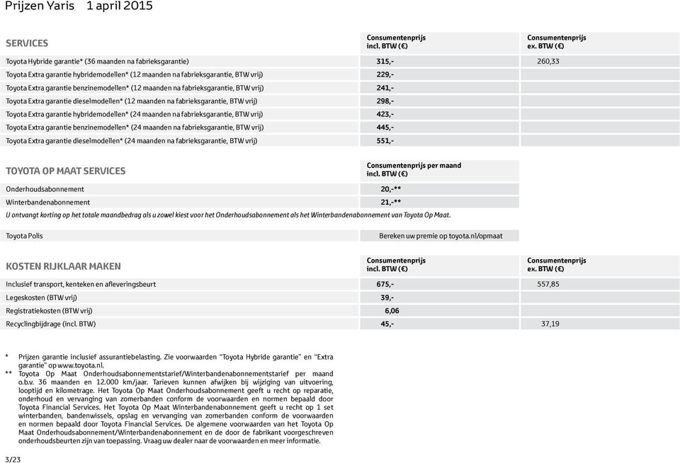 benzinemodellen* (12 maanden na fabrieksgarantie, BTW vrij) 241,- Toyota Extra garantie dieselmodellen* (12 maanden na fabrieksgarantie, BTW vrij) 298,- Toyota Extra garantie hybridemodellen* (24