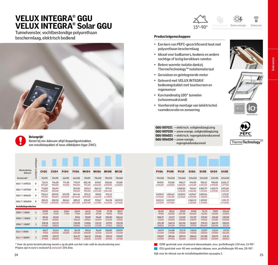 Geruisloze en geïntegreerde motor Geleverd met VELUX INTEGRA bedieningstablet met touchscreen en regensensor Kan handmatig 180 tuimelen (schoonmaakstand) Voorbereid op montage van (elektrische)