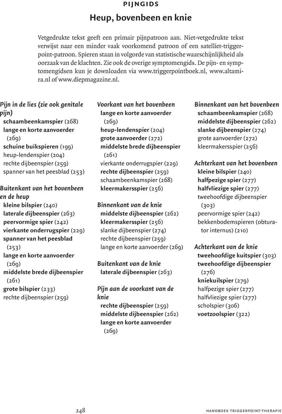 nl, www.altamira.nl of www.diepmagazine.nl. Pijn in de lies (zie ook genitale pijn) schuine buikspieren (199) Buitenkant van het bovenbeen en de heup spanner van het peesblad (253) grote bilspier