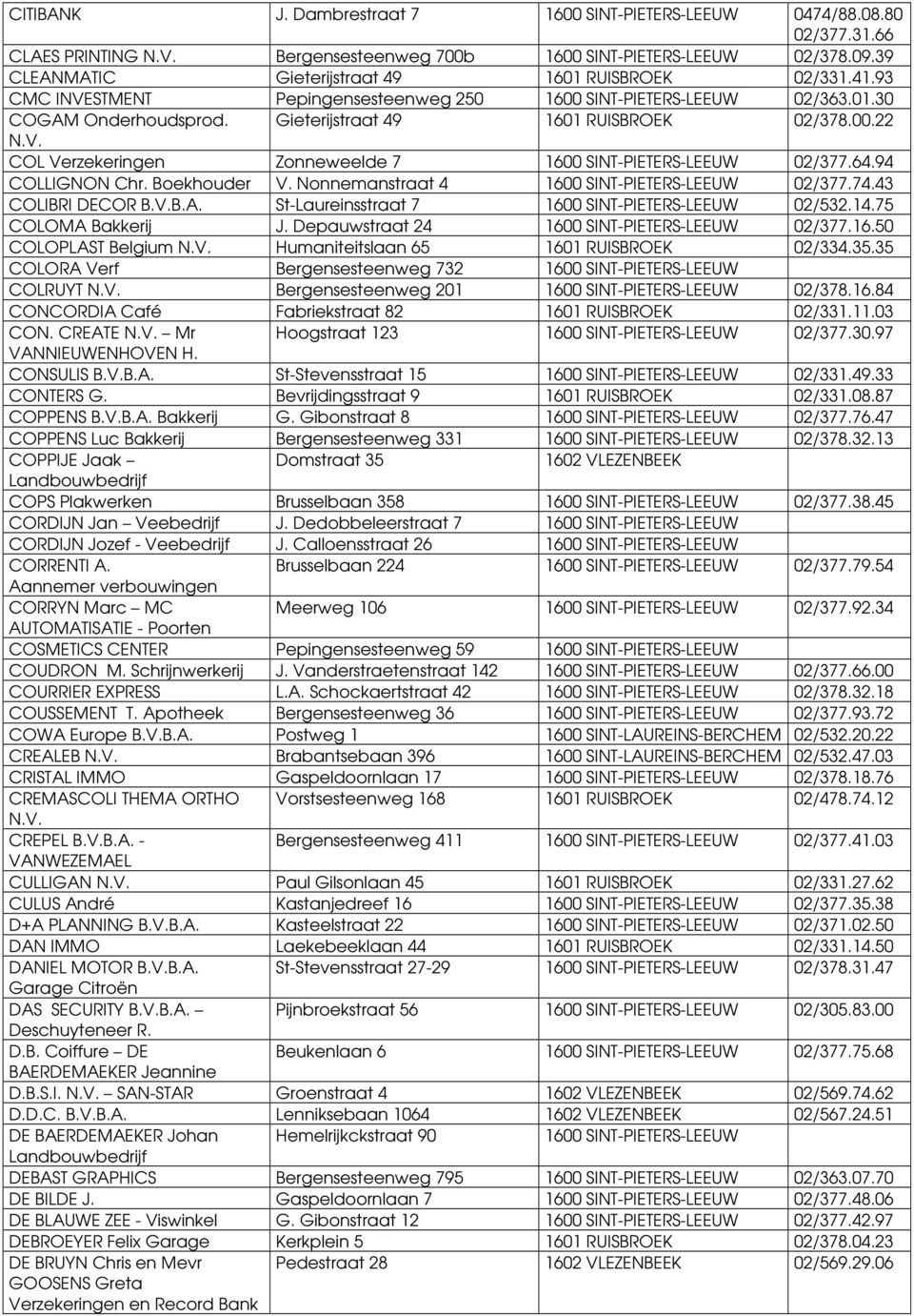 Nonnemanstraat 4 02/377.74.43 COLIBRI DECOR B.V.B.A. St-Laureinsstraat 7 02/532.14.75 COLOMA Bakkerij J. Depauwstraat 24 02/377.16.50 COLOPLAST Belgium N.V. Humaniteitslaan 65 1601 RUISBROEK 02/334.