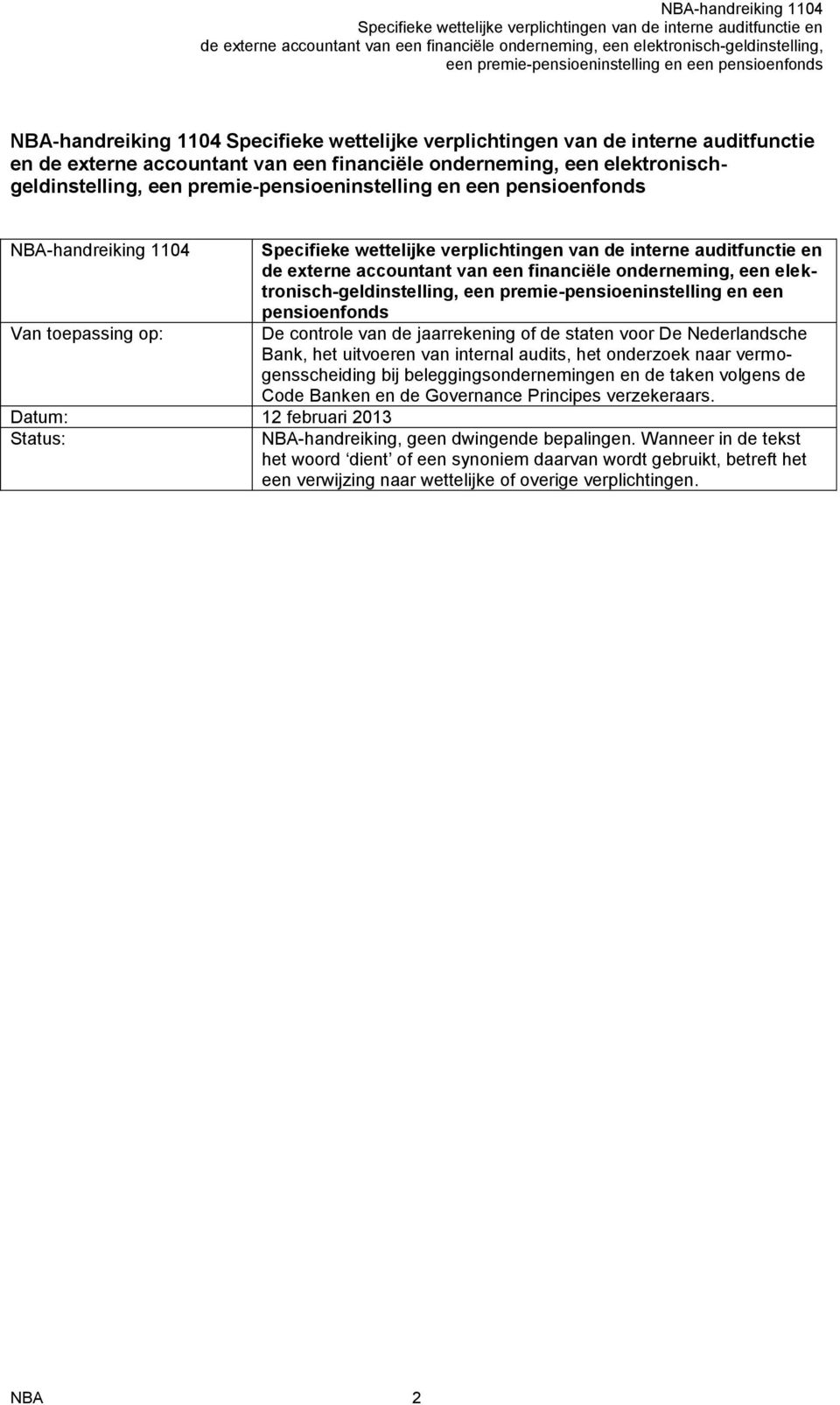 Nederlandsche Bank, het uitvoeren van internal audits, het onderzoek naar vermogensscheiding bij beleggingsondernemingen en de taken volgens de Code Banken en de Governance Principes