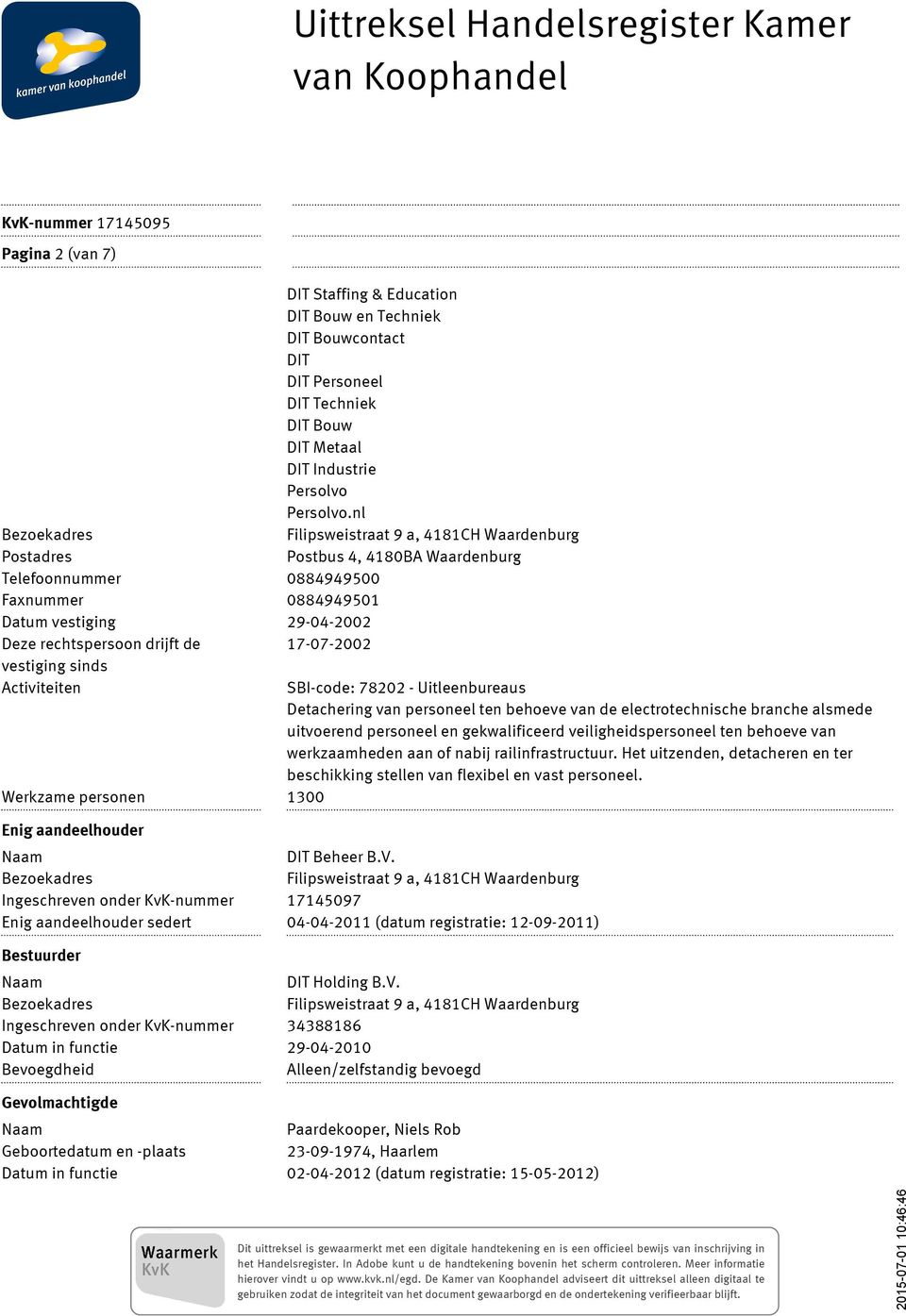 vestiging sinds Activiteiten SBI-code: 78202 - Uitleenbureaus Detachering van personeel ten behoeve van de electrotechnische branche alsmede uitvoerend personeel en gekwalificeerd