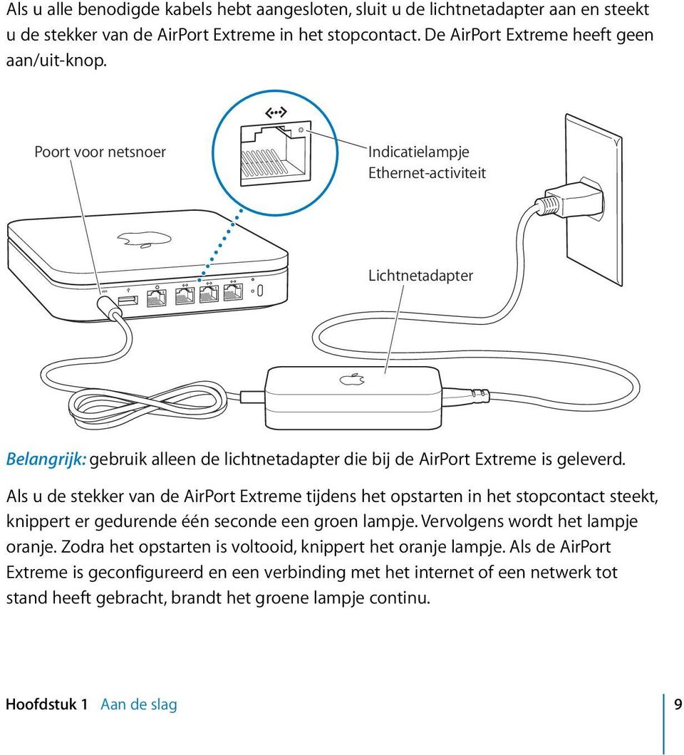 Als u de stekker van de AirPort Extreme tijdens het opstarten in het stopcontact steekt, knippert er gedurende één seconde een groen lampje. Vervolgens wordt het lampje oranje.