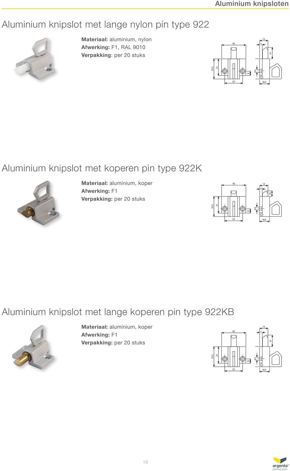 Aluminium knipslot met koperen pin type 922K, koper Afwerking: F1 4 1 8 37.