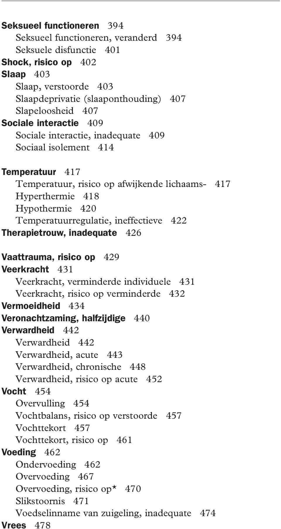 ineffectieve 422 Therapietrouw, inadequate 426 Vaattrauma, risico op 429 Veerkracht 431 Veerkracht, verminderde individuele 431 Veerkracht, risico op verminderde 432 Vermoeidheid 434 Veronachtzaming,