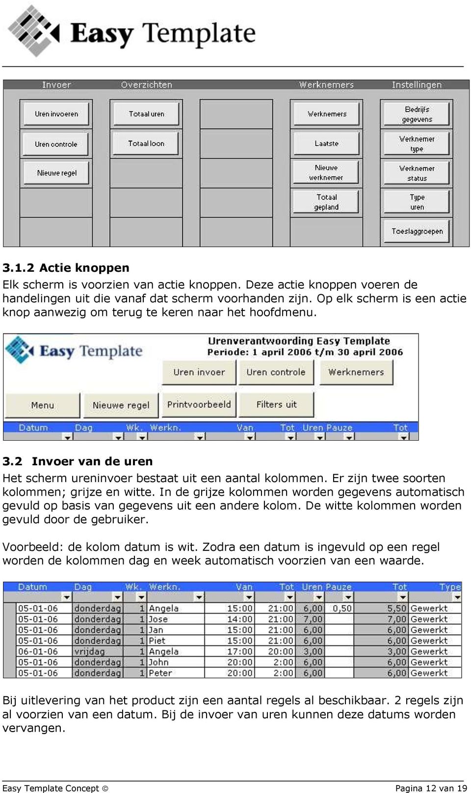 Er zijn twee soorten kolommen; grijze en witte. In de grijze kolommen worden gegevens automatisch gevuld op basis van gegevens uit een andere kolom. De witte kolommen worden gevuld door de gebruiker.