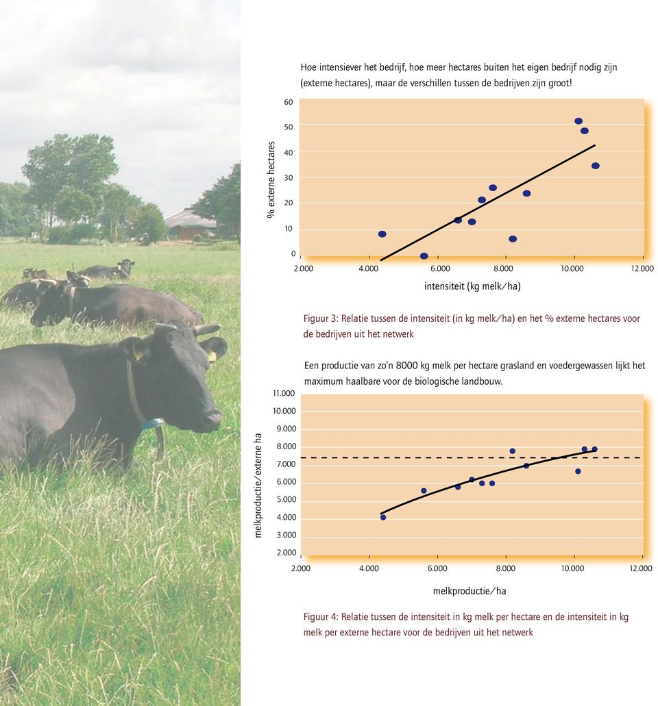 Figuur 3: Relatie tussen de intensiteit (in kg melk/ha) en het % externe hectares voor de bedrijven uit het netwerk Een productie van zo