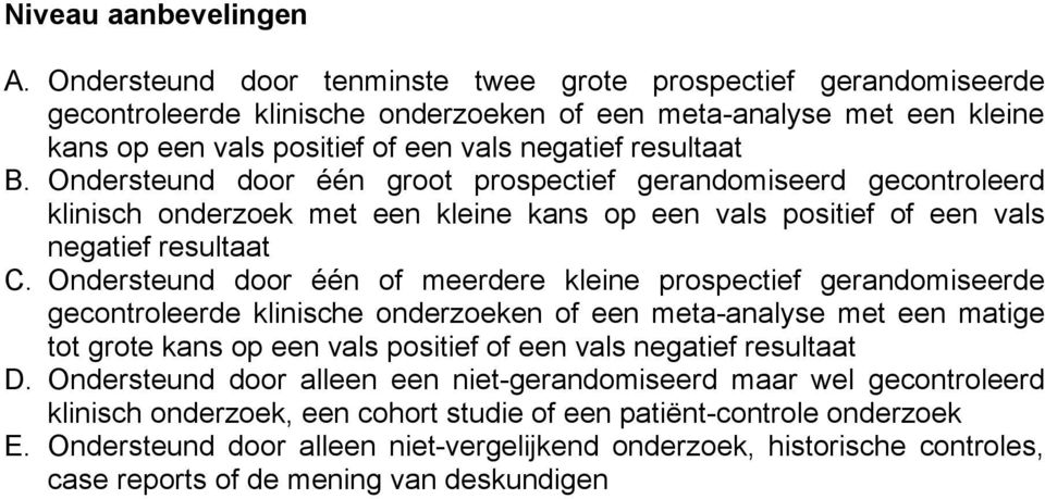 Ondersteund door één groot prospectief gerandomiseerd gecontroleerd klinisch onderzoek met een kleine kans op een vals positief of een vals negatief resultaat C.