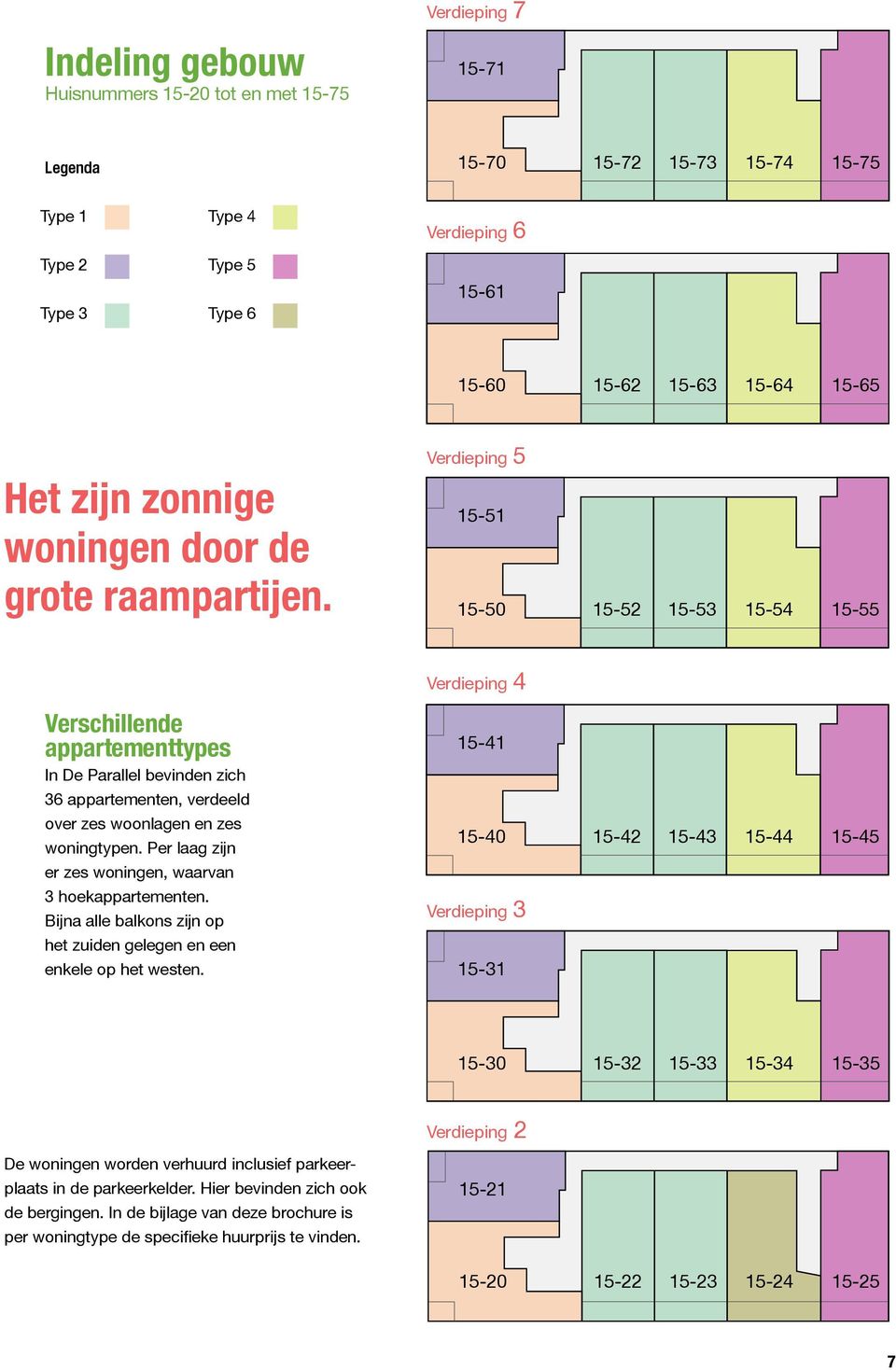 Verdieping 5 15-51 15-50 15-52 15-53 15-54 15-55 Verdieping 4 Verschillende appartementtypes In De Parallel bevinden zich 36 appartementen, verdeeld over zes woonlagen en zes woning typen.