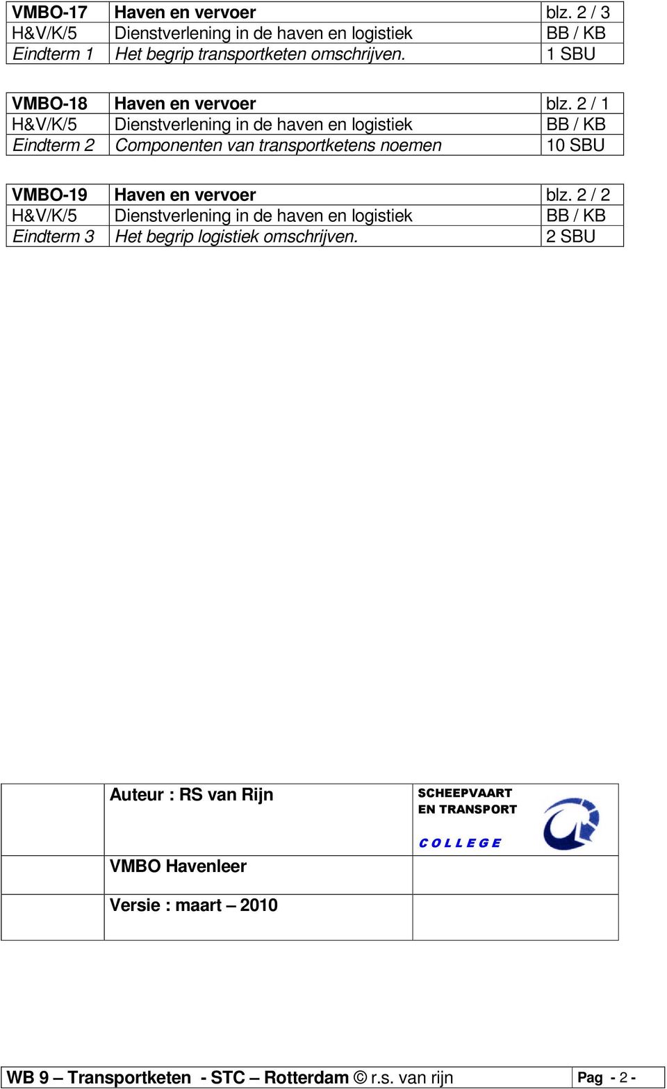 2 / 1 H&V/K/5 Dienstverlening in de haven en logistiek BB / KB Eindterm 2 Componenten van transportketens noemen 10 SBU VMBO-19 Haven en vervoer blz.