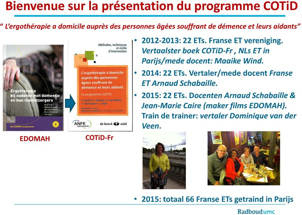 Vertaalster boek COTiD-Fr, NLs ET in Parijs/mede docent: Maaike Wind. 2014: 22 ETs.