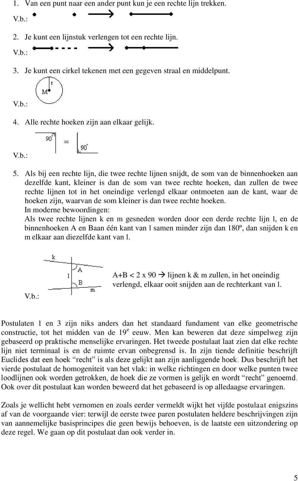 Als bij een rechte lijn, die twee rechte lijnen snijdt, de som van de binnenhoeken aan dezelfde kant, kleiner is dan de som van twee rechte hoeken, dan zullen de twee rechte lijnen tot in het