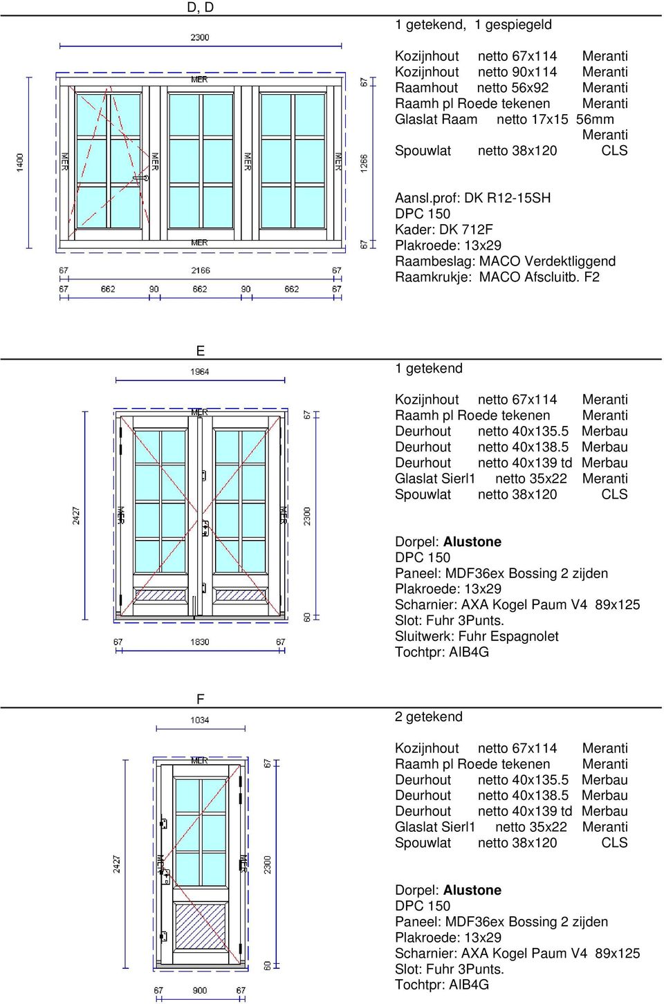 5 Merbau Deurhout netto 40x139 td Merbau Glaslat Sierl1 netto 35x22 Paneel: MDF36ex Bossing 2 zijden