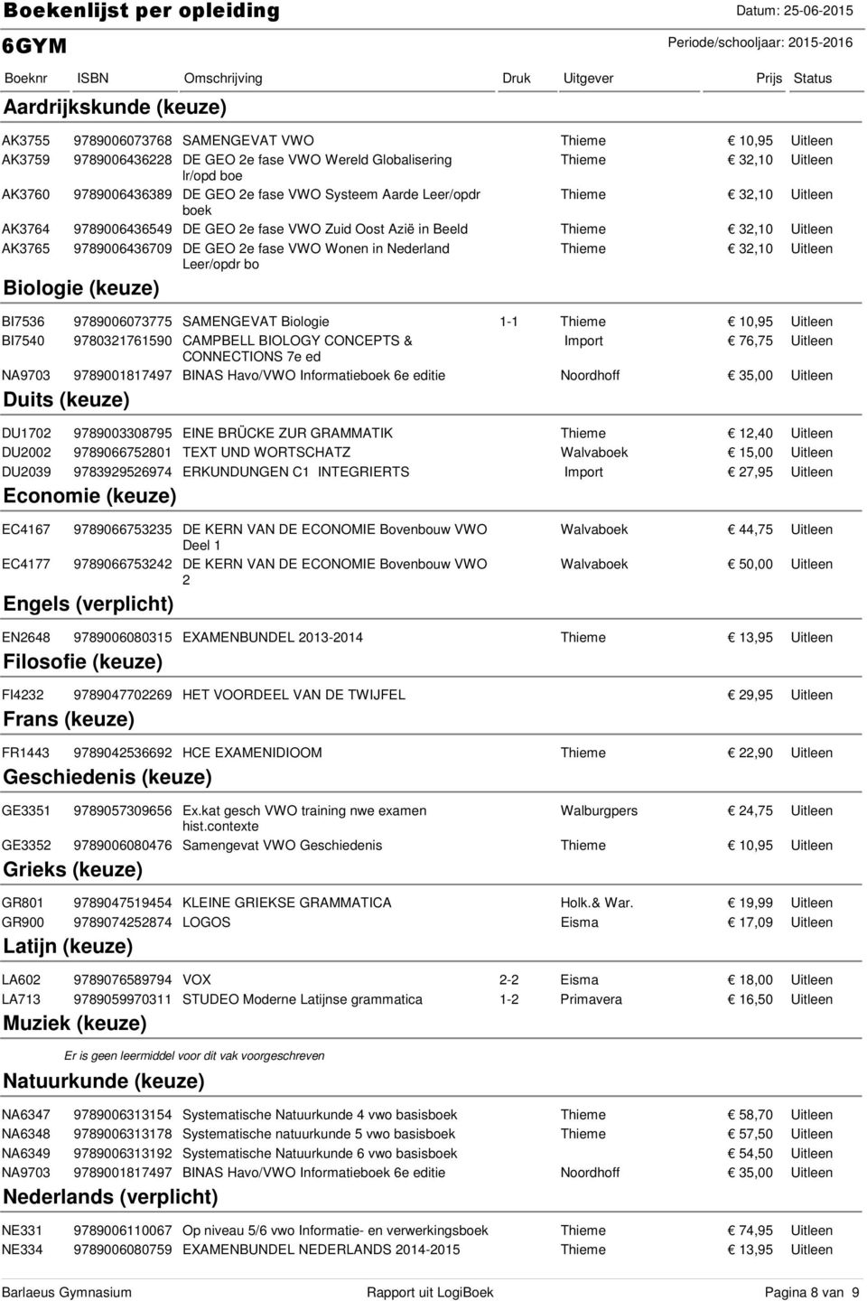 SAMENGEVAT Biologie 1-1 Thieme 10,95 BI7540 9780321761590 CAMPBELL BIOLOGY CONCEPTS & Import 76,75 CONNECTIONS 7e ed Duits (keuze) DU2002 9789066752801 TEXT UND WORTSCHATZ Walvaboek 15,00 DU2039