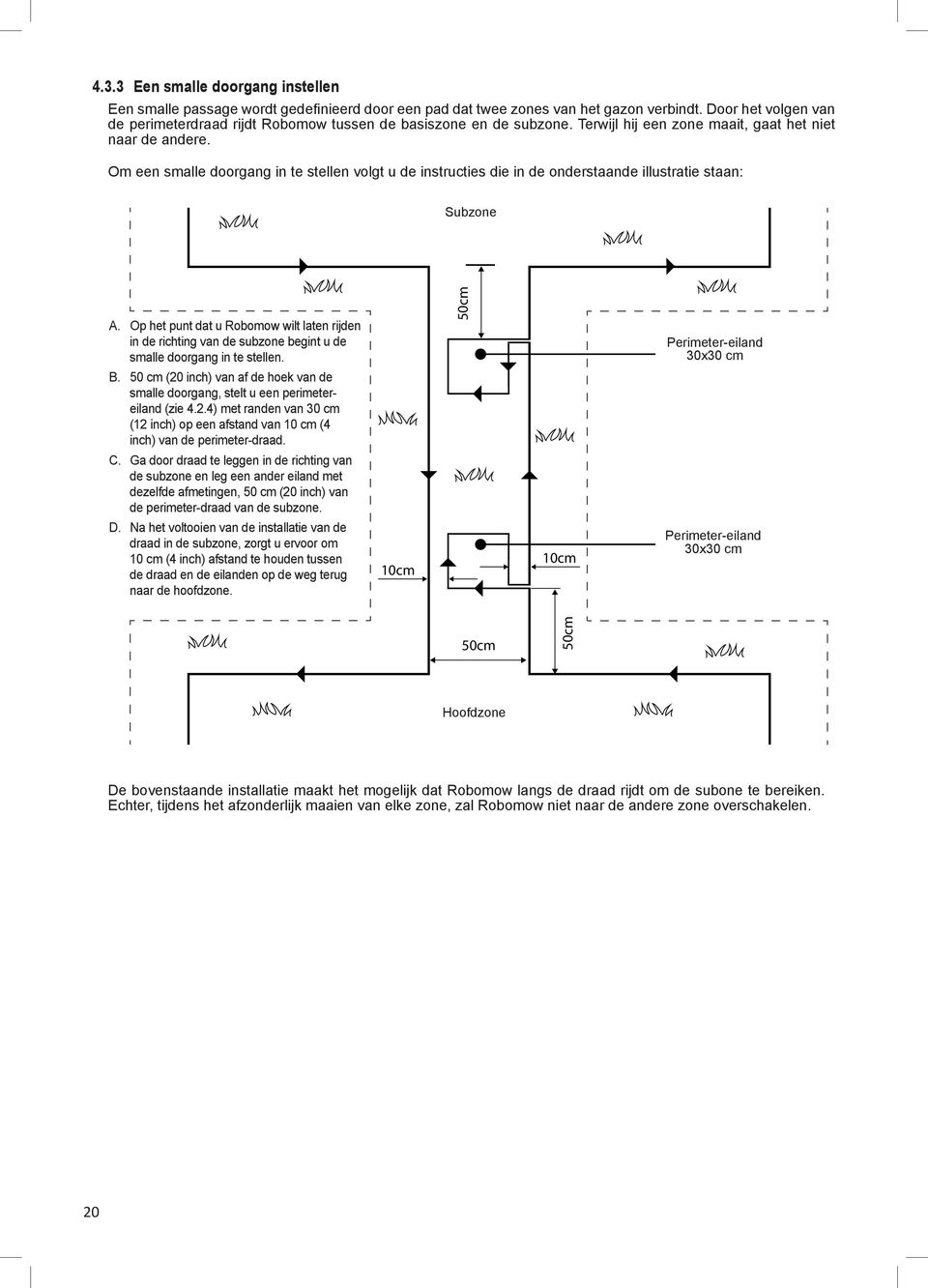 Om een smalle doorgang in te stellen volgt u de instructies die in de onderstaande illustratie staan: Subzone Sub-Zone A.