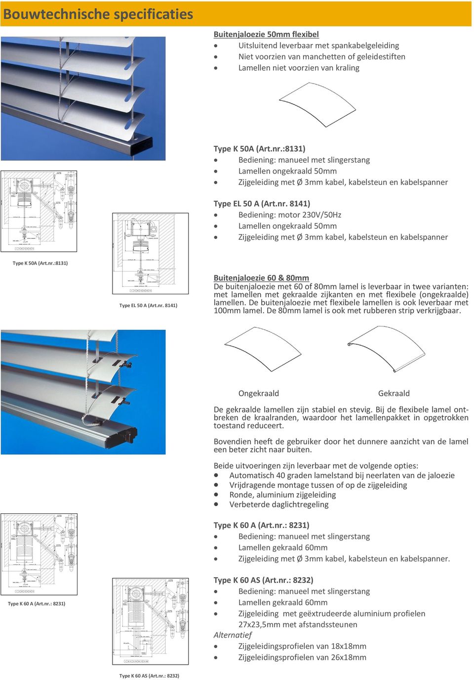 8141) Bediening: motor 230V/50Hz Lamellen ongekraald 50mm Zijgeleiding met Ø 3mm kabel, kabelsteun en kabelspanner Type K 50A (Art.nr.