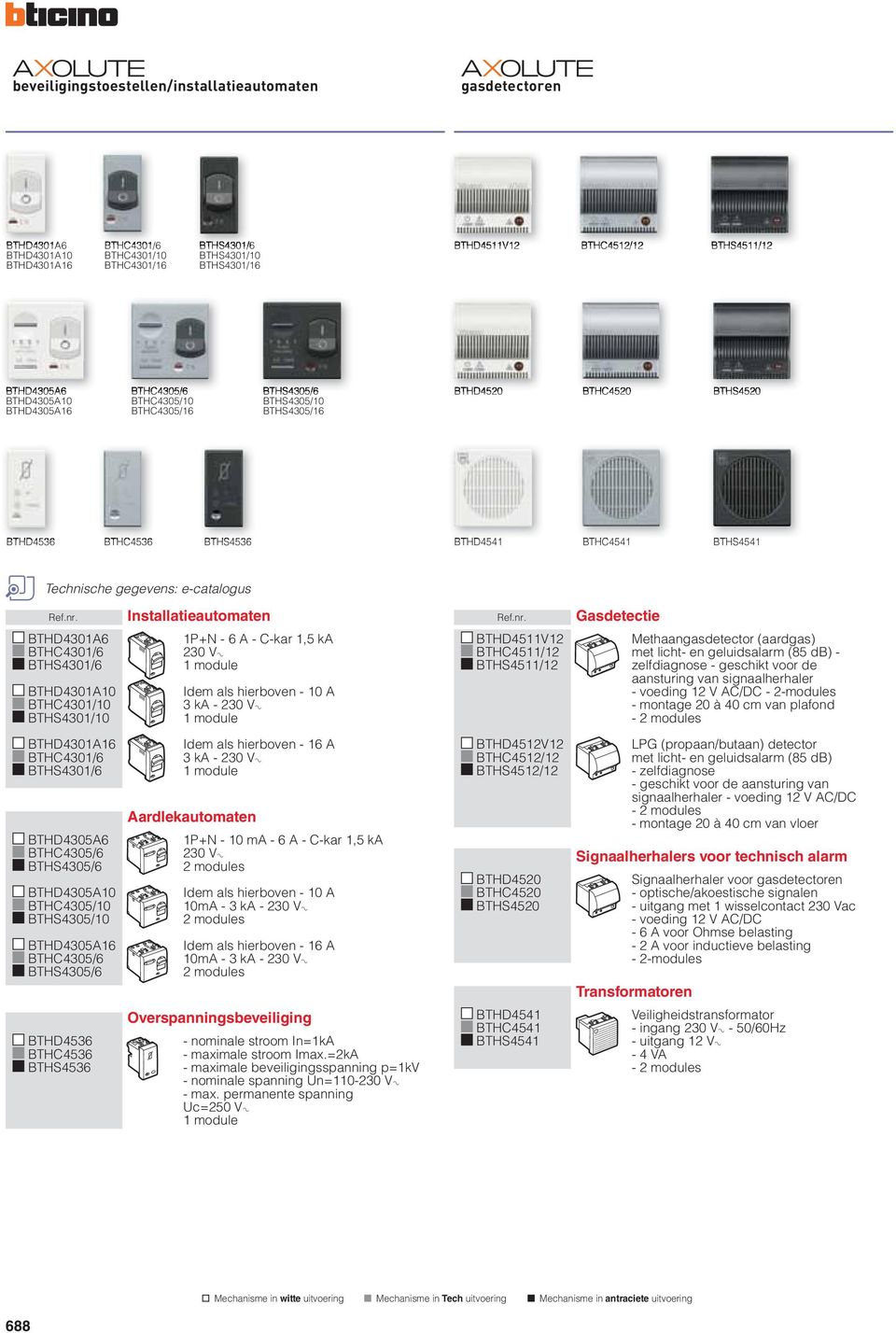 BTHC4541 BTHS4541 BTHD4301A6 BTHC4301/6 BTHS4301/6 BTHD4301A10 BTHC4301/10 BTHS4301/10 Installatieautomaten 1P+N - 6 A - C-kar 1,5 ka 230 VA Idem als hierboven - 10 A 3 ka - 230 VA Gasdetectie