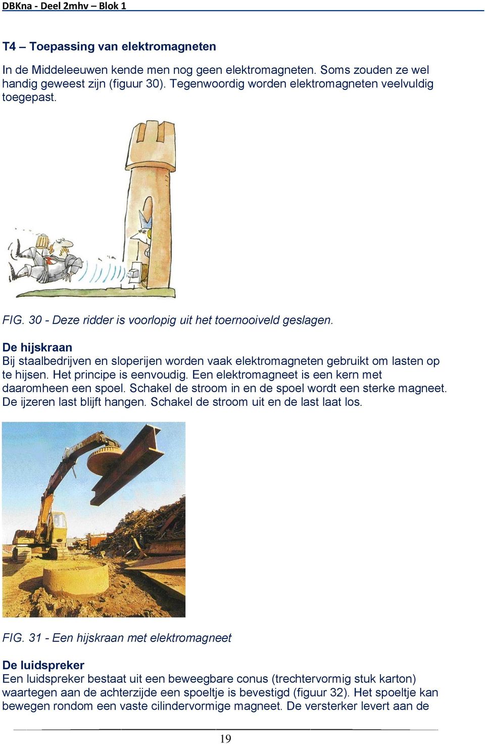 Een elektromagneet is een kern met daaromheen een spoel. Schakel de stroom in en de spoel wordt een sterke magneet. De ijzeren last blijft hangen. Schakel de stroom uit en de last laat los. FIG.