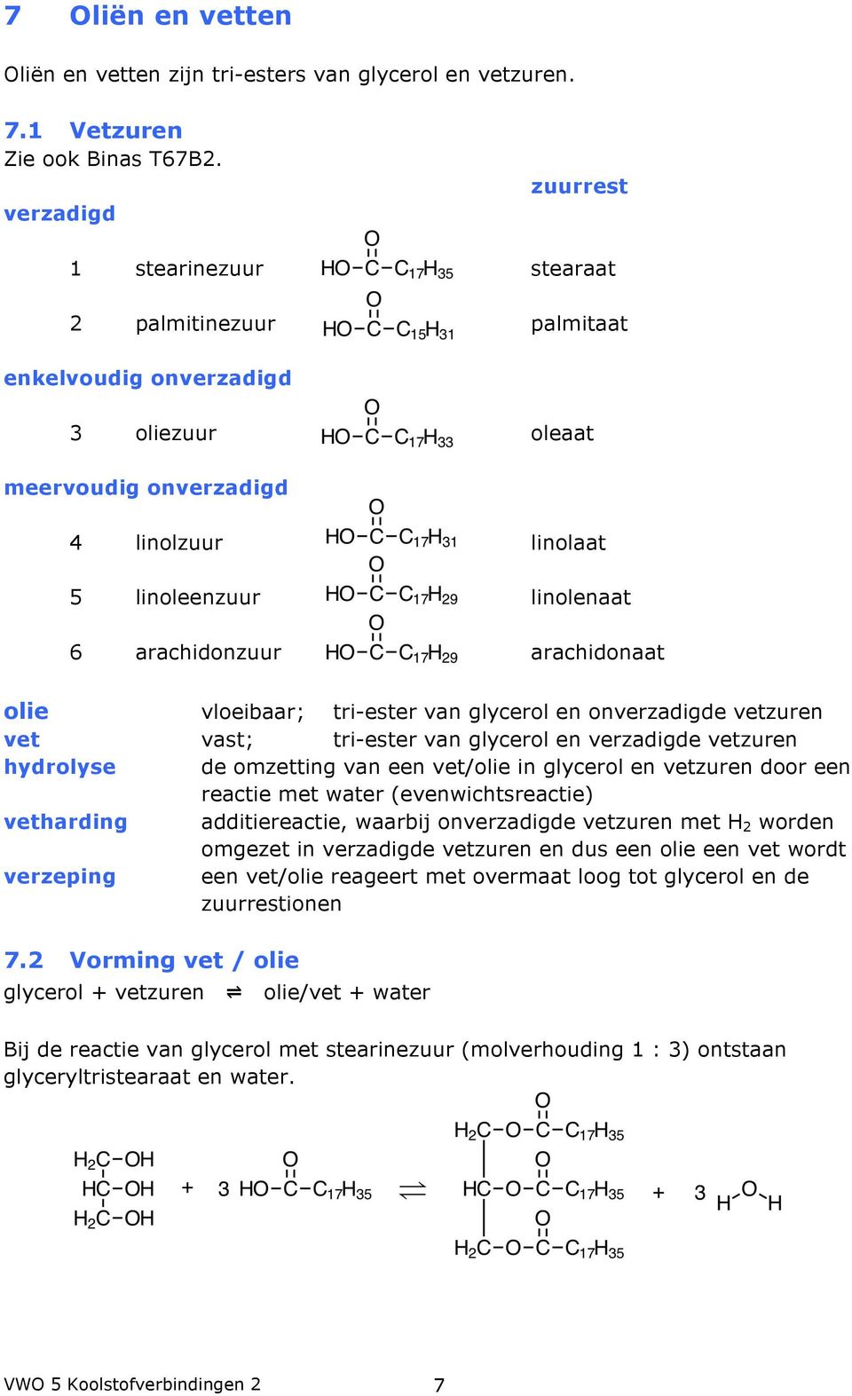 arachidonaat olie vloeibaar; tri-ester van glycerol en onverzadigde vetzuren vet vast; tri-ester van glycerol en verzadigde vetzuren hydrolyse de omzetting van een vet/olie in glycerol en vetzuren