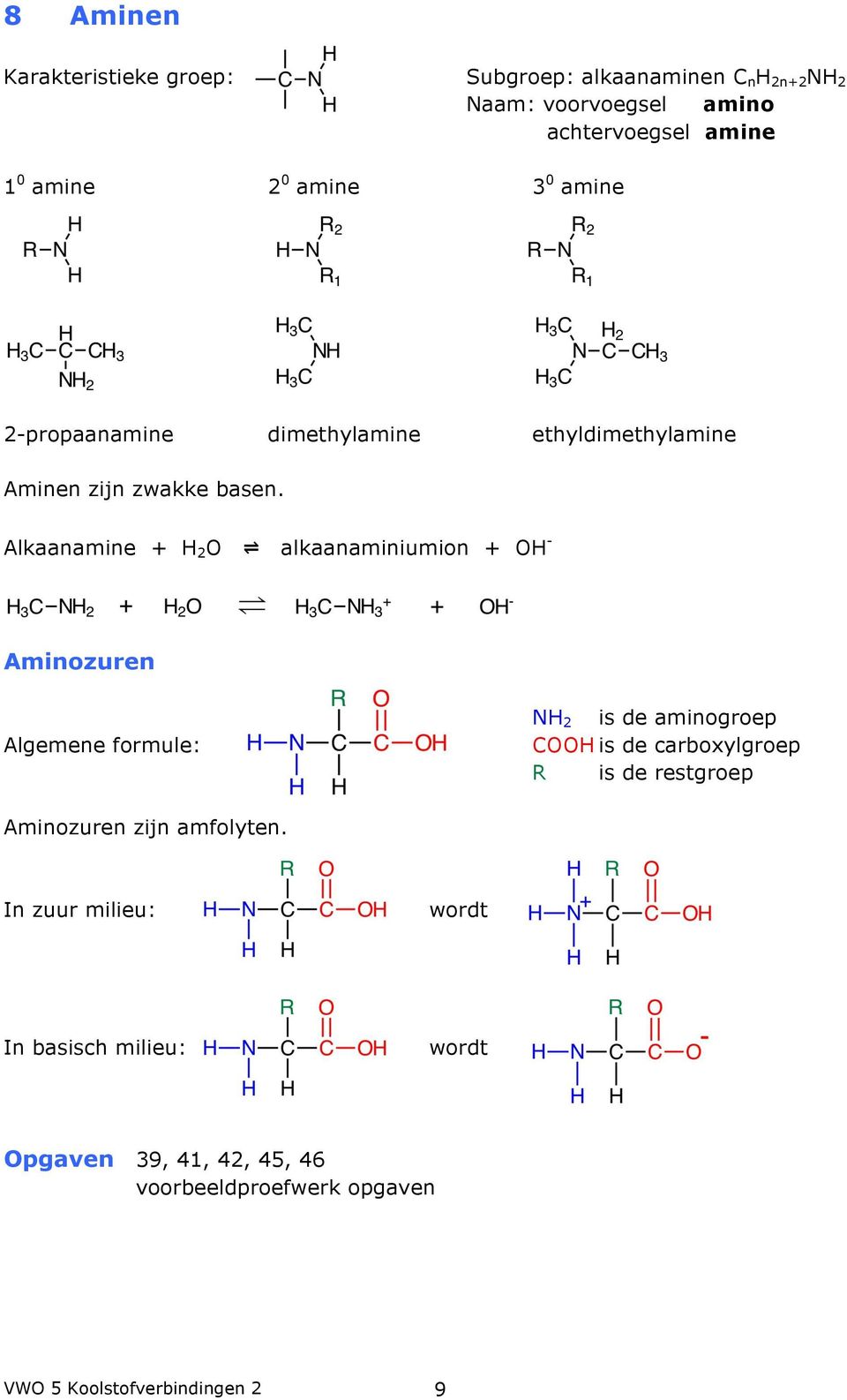 Alkaanamine + H 2 O alkaanaminiumion + OH - Aminozuren Algemene formule: NH 2 is de aminogroep COOH is de carboxylgroep R is de