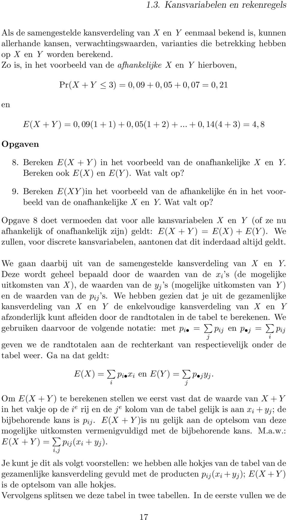 Bereken E(X + Y ) in het voorbeeld van de onafhankelijke X en Y. Bereken ook E(X) en E(Y ). Wat valt op? 9.