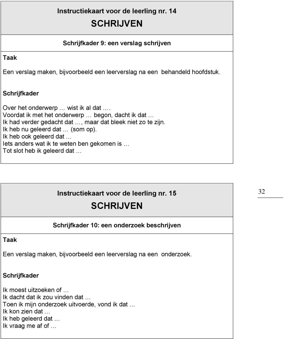 Ik heb ook geleerd dat Iets anders wat ik te weten ben gekomen is Tot slot heb ik geleerd dat Instructiekaart voor de leerling nr.