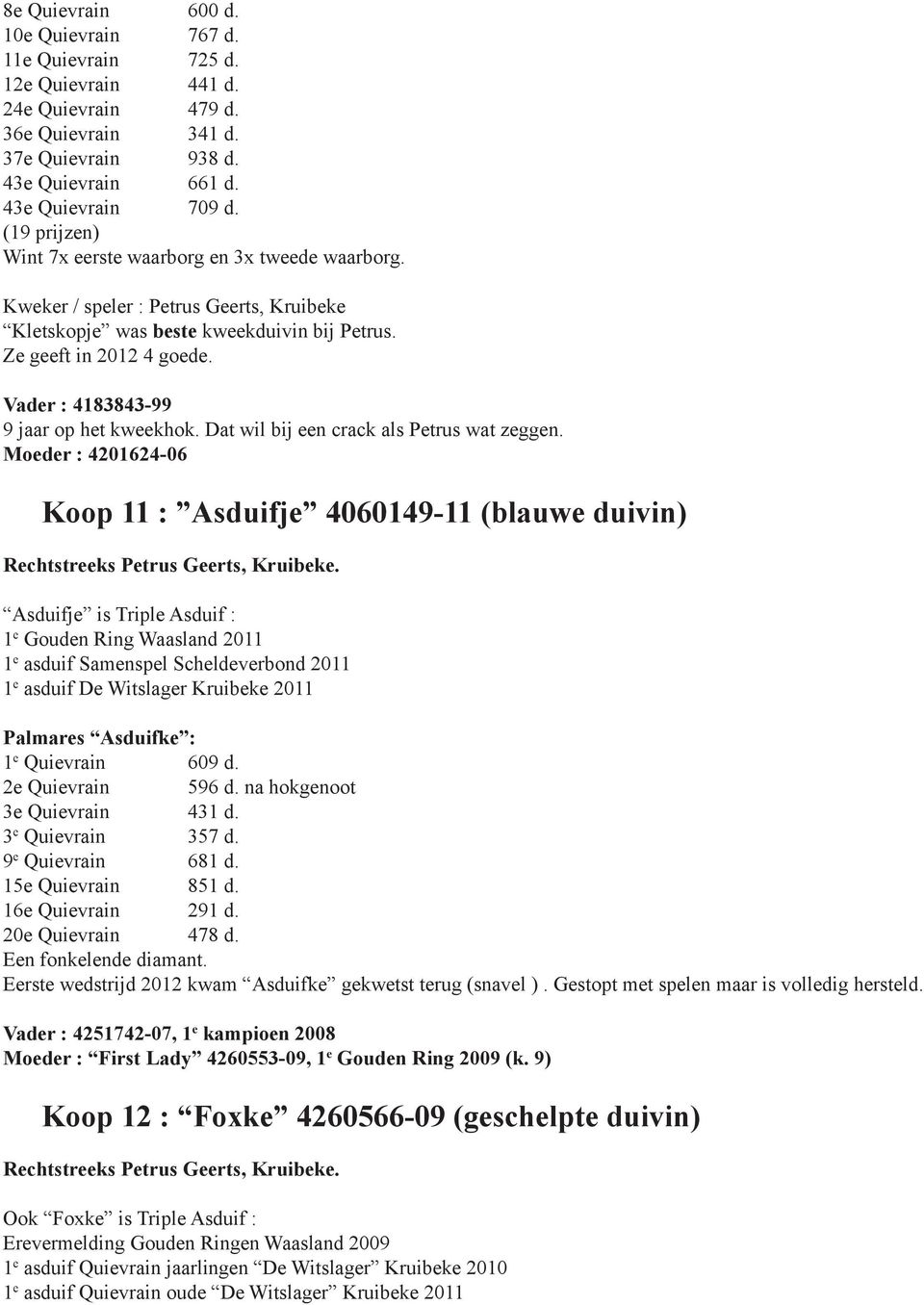 Vader : 4183843-99 9 jaar op het kweekhok. Dat wil bij een crack als Petrus wat zeggen. Moeder : 4201624-06 Koop 11 : Asduifje 4060149-11 (blauwe duivin) Rechtstreeks Petrus Geerts, Kruibeke.