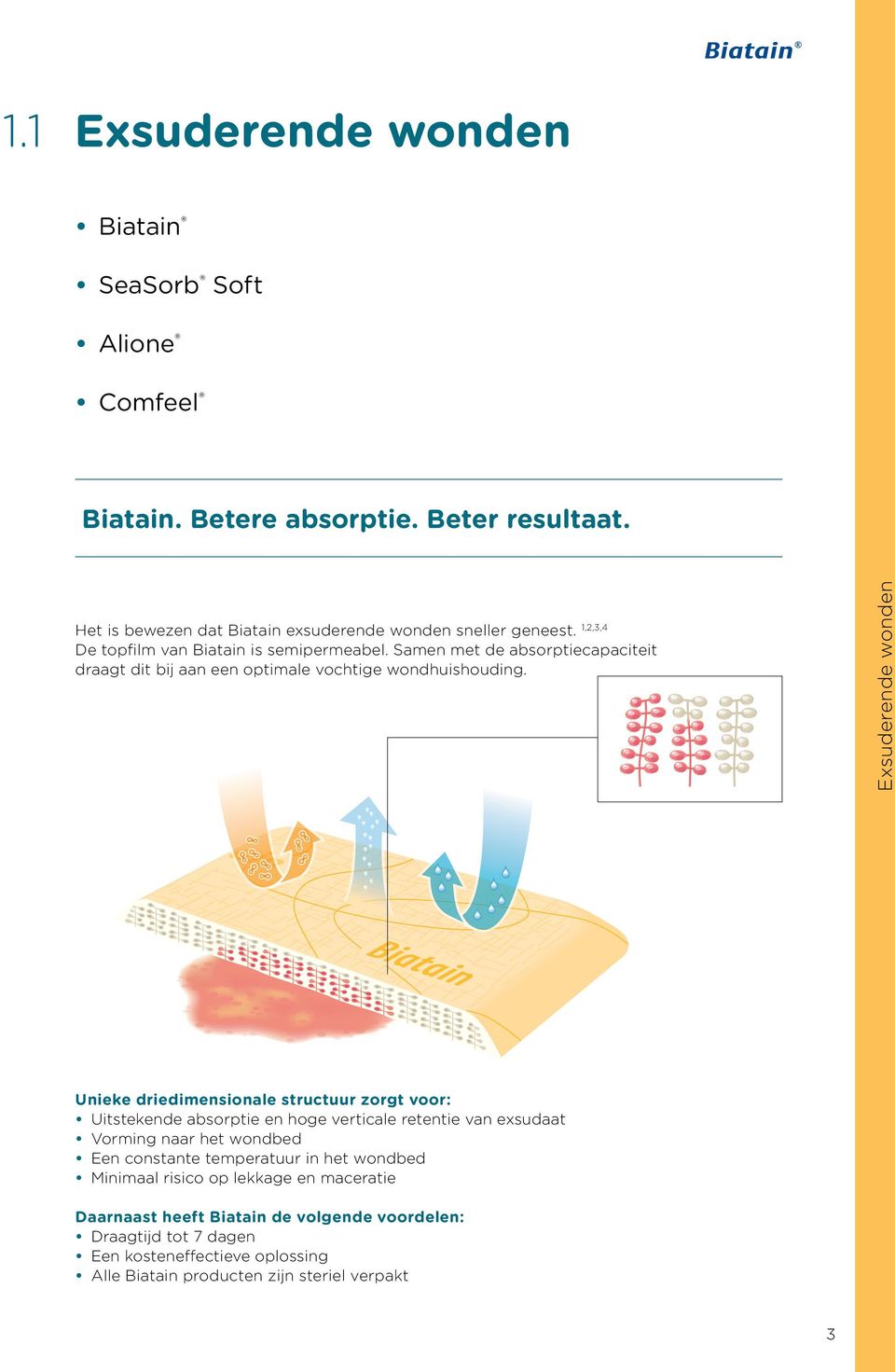 Exsuderende wonden Unieke driedimensionale structuur zorgt voor: Uitstekende absorptie en hoge verticale retentie van exsudaat Vorming naar het wondbed Een constante