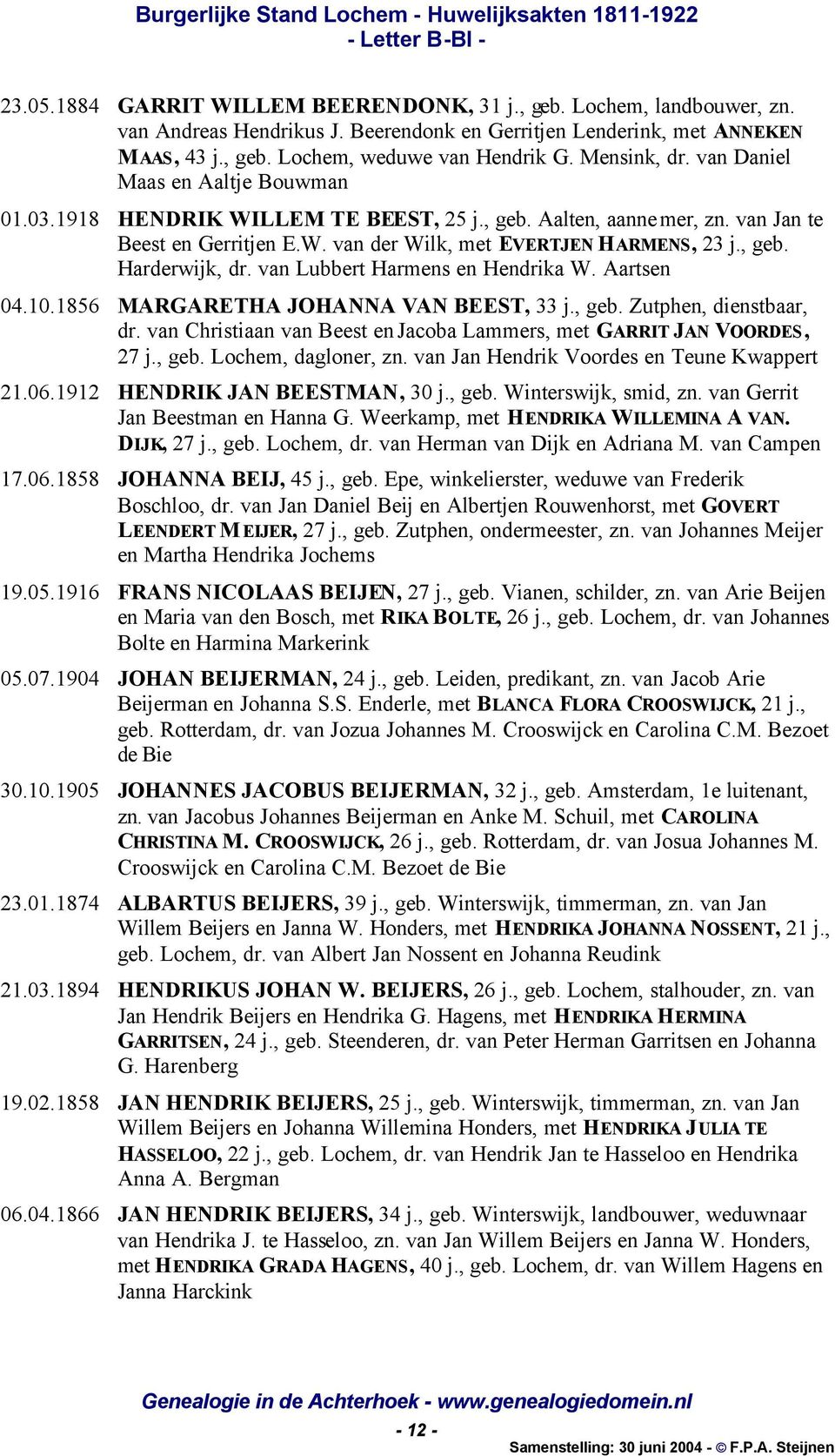 van Lubbert Harmens en Hendrika W. Aartsen 04.10.1856 MARGARETHA JOHANNA VAN BEEST, 33 j., geb. Zutphen, dienstbaar, dr. van Christiaan van Beest en Jacoba Lammers, met GARRIT JAN VOORDES, 27 j., geb. Lochem, dagloner, zn.