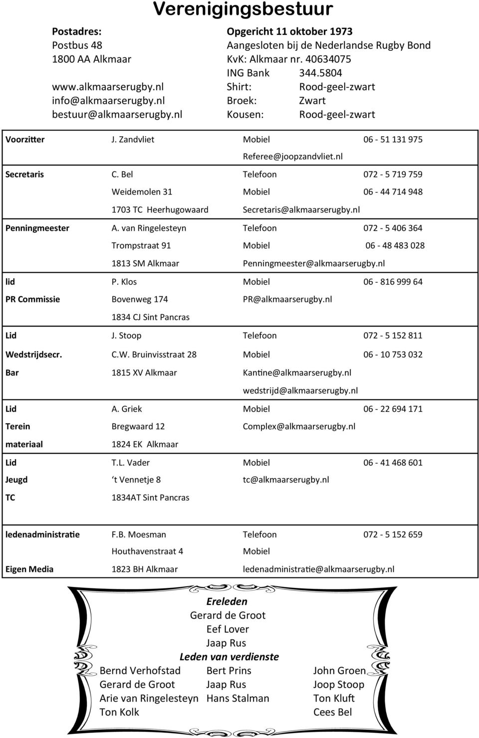 van Ringelesteyn Telefoon 072-5 406 364 Trompstraat 91 Mobiel 06-48 483 028 1813 SM Alkmaar Penningmeester@alkmaarserugby.nl lid P.