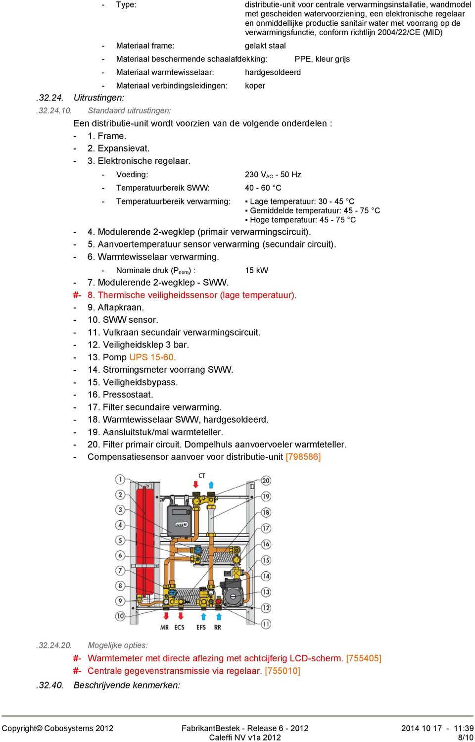 Materiaal verbindingsleidingen: koper.32.24. Uitrustingen:.32.24.10. Standaard uitrustingen: Een distributie-unit wordt voorzien van de volgende onderdelen : - 1. Frame. - 2. Expansievat. - 3.